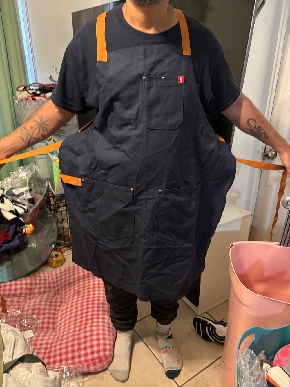 Unbranded Navy Work Apron with Tan Straps